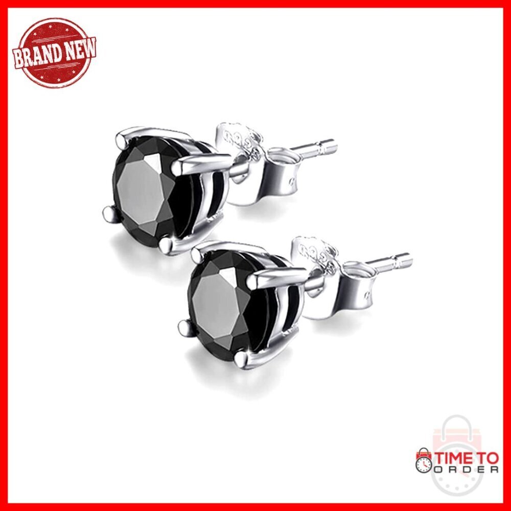 925 Sterling Silver Black Onyx Stud Earrings Platinum Plated Fine Jewelry